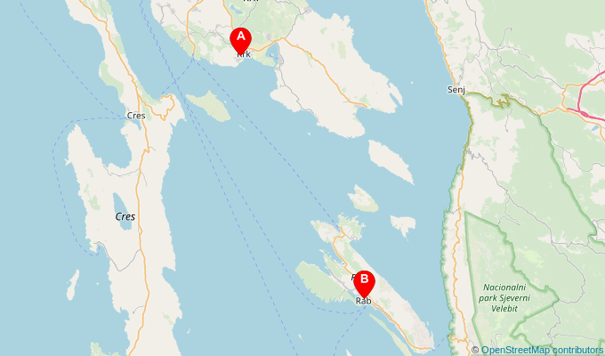 Map of ferry route between Krk and Rab